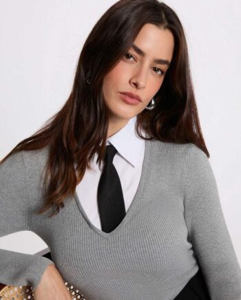 Mujer con Jersey Morgan Cravat gris claro efecto camisa y corbata para mujer