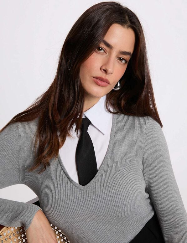 Jersey Morgan Cravat gris claro efecto camisa y corbata para mujer Mujer con Jersey Morgan Cravat gris claro efecto camisa y corbata para mujer