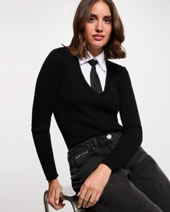 Mujer con Jersey Morgan Cravat negro efecto camisa y corbata para mujer