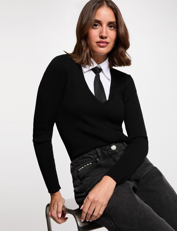 Jersey Morgan Cravat negro efecto camisa y corbata para mujer Mujer con Jersey Morgan Cravat negro efecto camisa y corbata para mujer