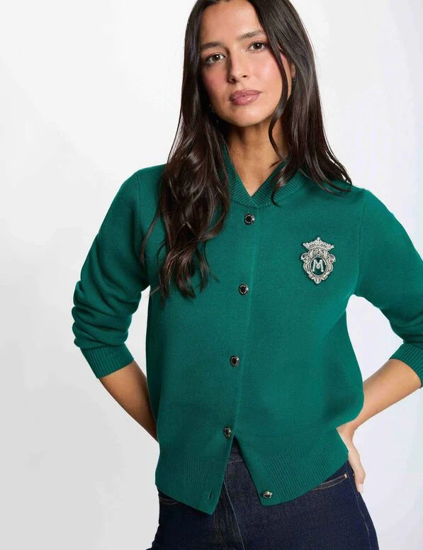 Cárdigan Morgan Teddy verde con escudo bordado para mujer Mujer con Cárdigan Morgan Teddy verde con escudo bordado para mujer