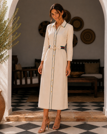 Vestido beige camisero Virginia Cantero para mujer con cinturón