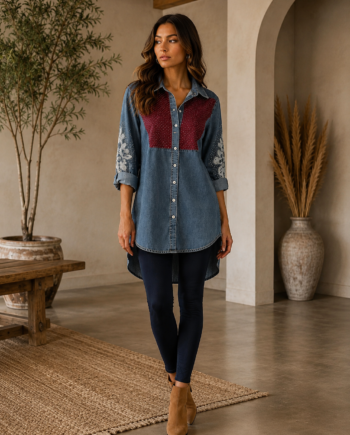 Sobrecamisa vaquera con strass Virginia Cantero para mujer en azul y granate