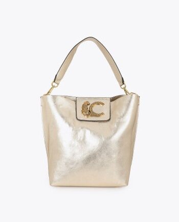 Shopper Lola Casademunt dorado con cierre de solapa y logo leopardo
