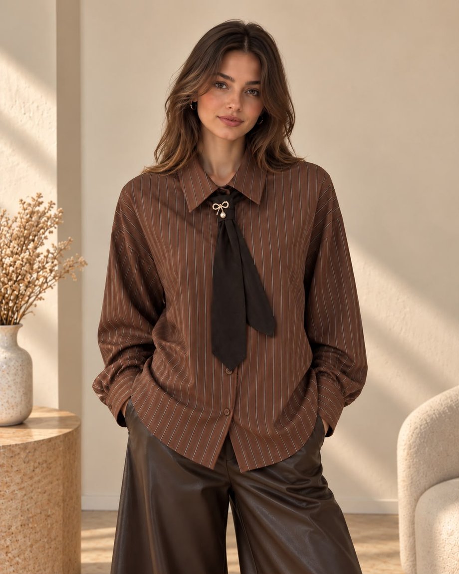 Camisa Artigli marrón con corbata – vista frontal Camisa Artigli marrón de rayas con corbata negra y detalle de lazo