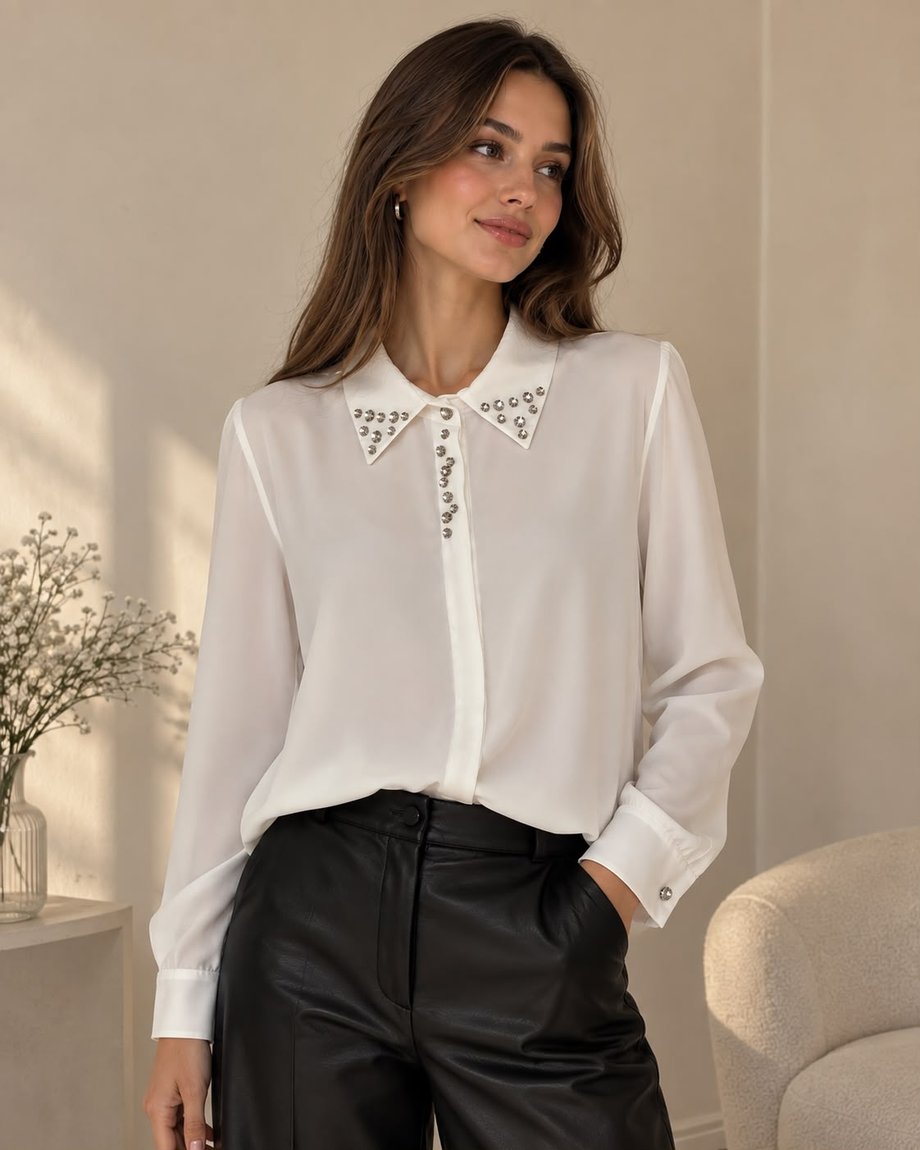 Camisa Artigli blanca con pedrería – vista frontal Camisa Artigli blanca con pedrería en el cuello y manga larga