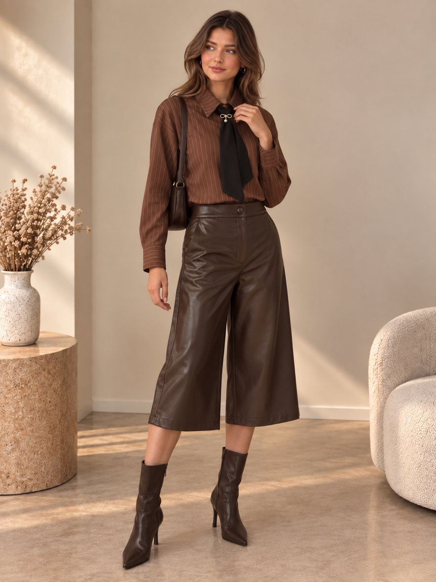 Bermuda Artigli marrón oscuro – look completo Bermuda Artigli de efecto piel marrón oscuro combinada con camisa de rayas