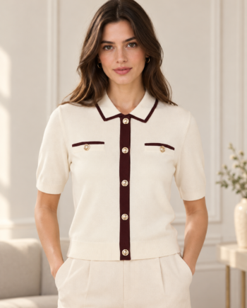 Mujer con suéter de punto Morgan Mónica beige y marrón