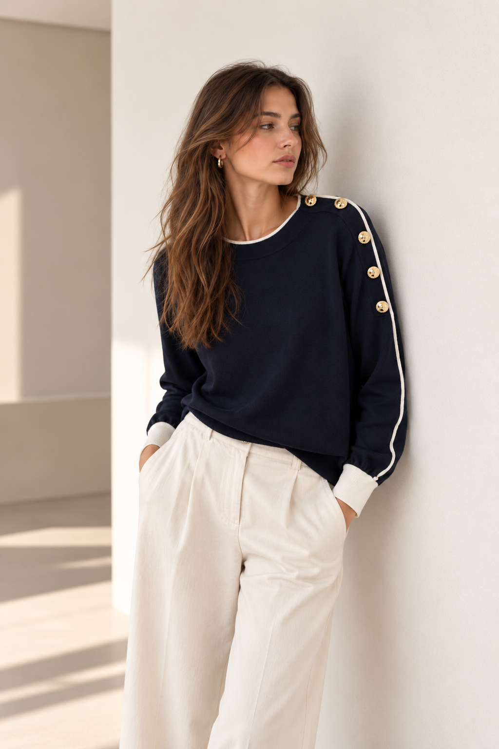 Suéter Artigli negro con contraste blanco y botones dorados Suéter Artigli negro con contraste blanco y botones dorados para mujer