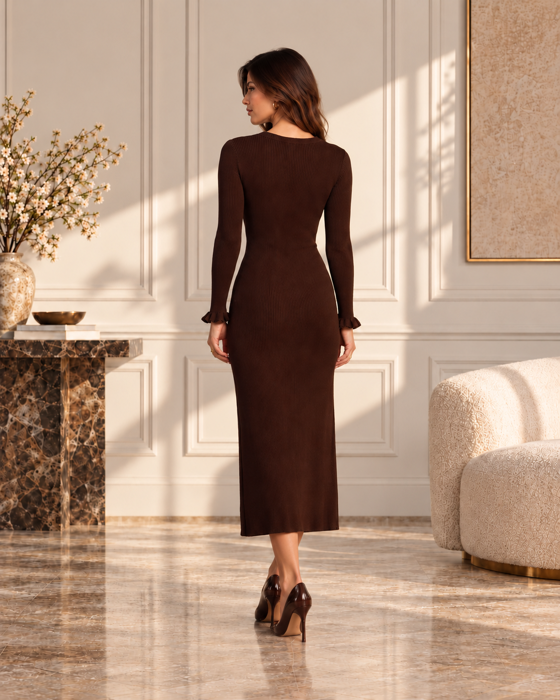 Elegancia chocolate en interior soleado