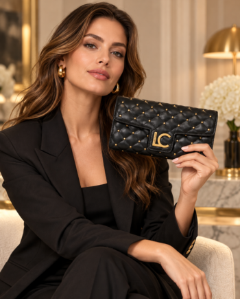Billetero Lola Casademunt negro efecto piel acolchada, con mini tachas doradas, solapa frontal y logotipo metálico LC.
