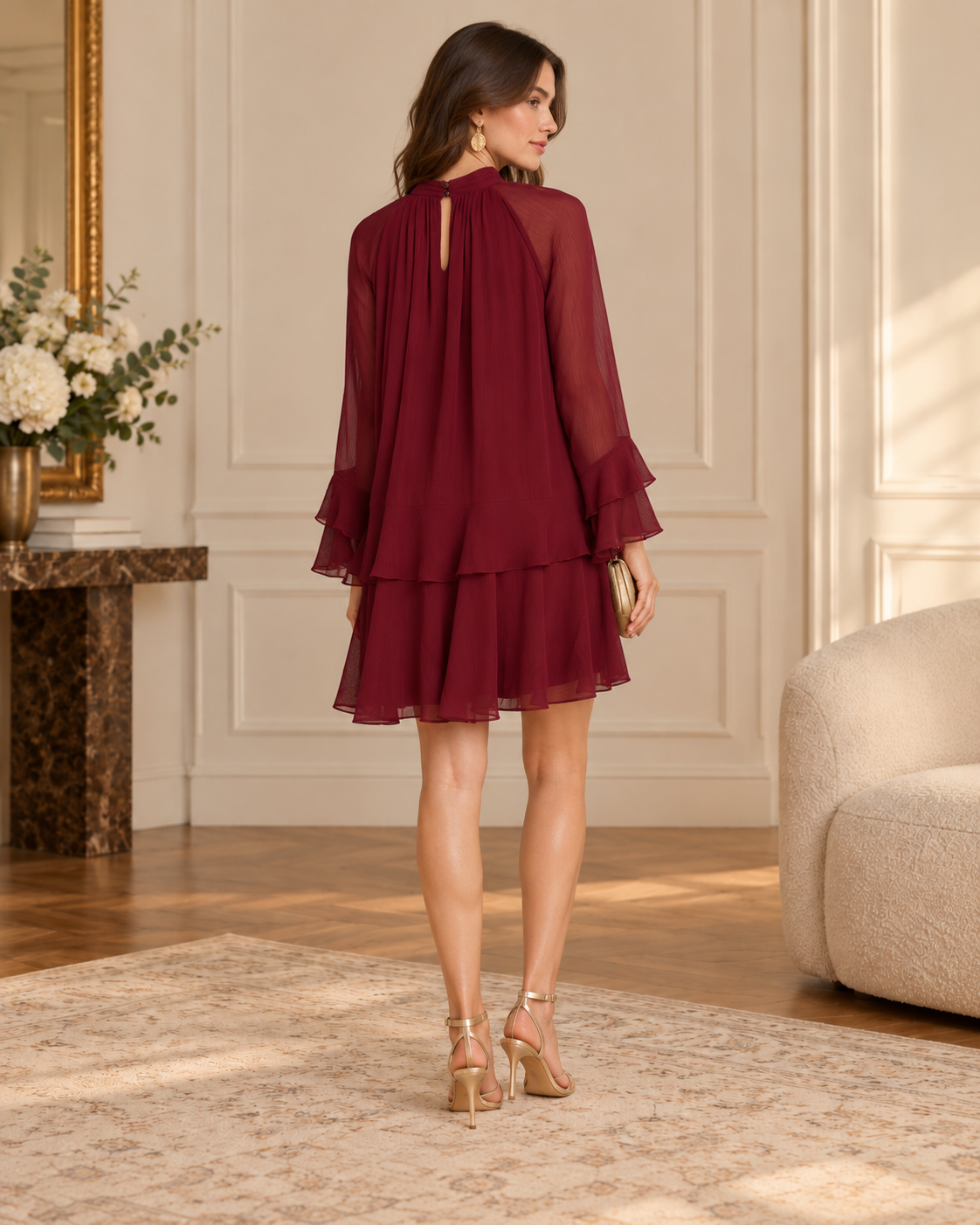 Elegancia en burdeos de espaldas