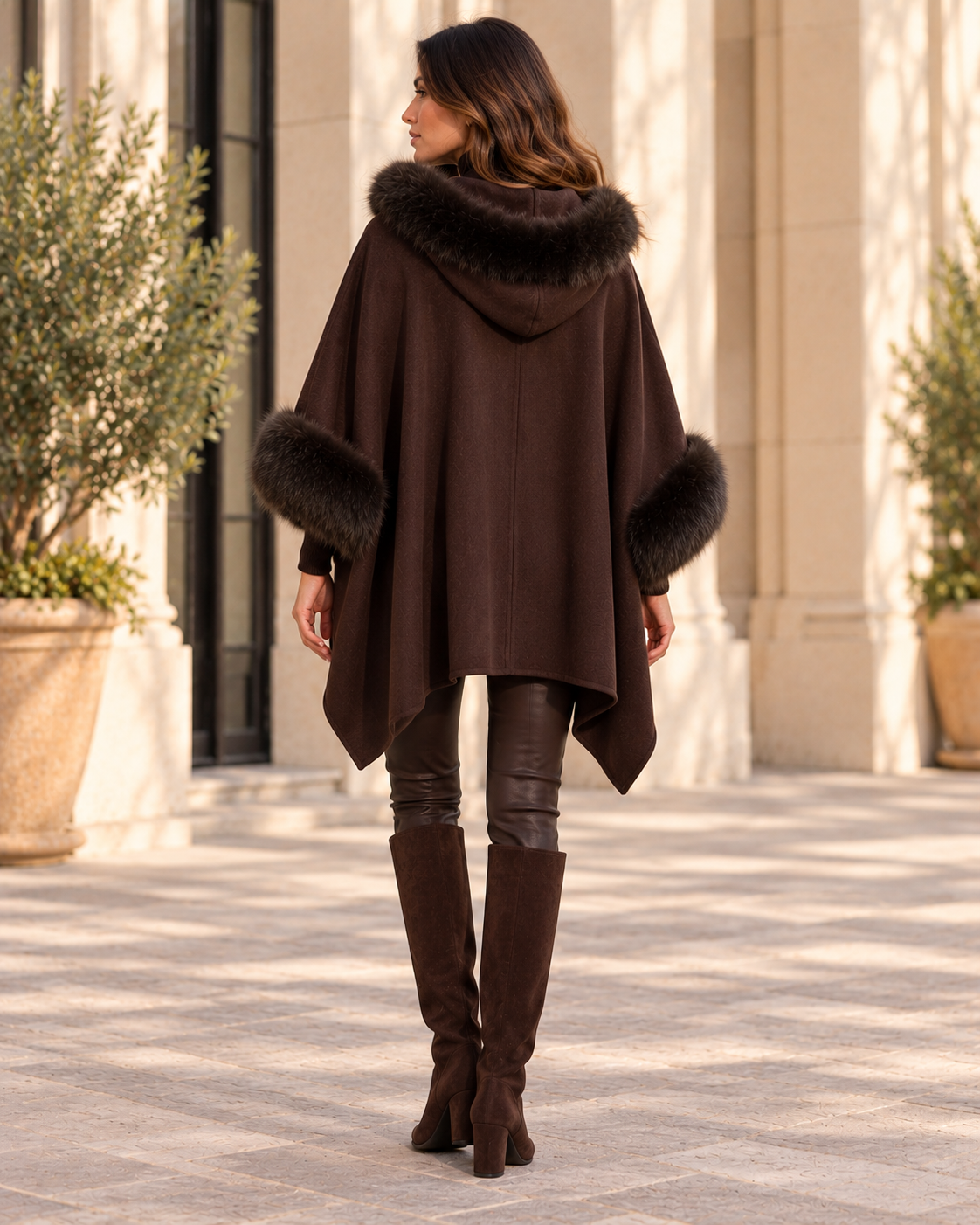 Poncho Morgan Elsa marrón oscuro con capucha – vista trasera Vista trasera del poncho Morgan Elsa marrón oscuro, con capucha rematada en pelo sintético, caída amplia y asimétrica y detalles de pelo en las mangas.