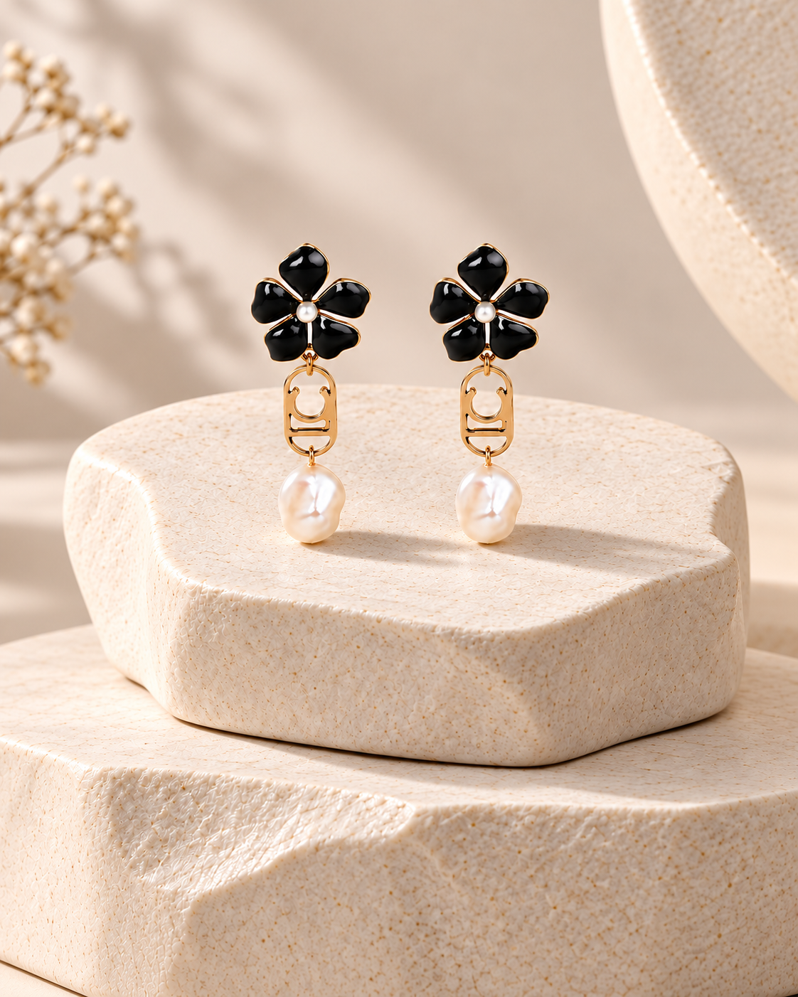 Pendientes Lola Casademunt flor, logo ovalado y perla - detalle Pendientes largos Lola Casademunt con flores negras, detalles ovalados dorados y perlas blancas colgantes sobre pedestal beige