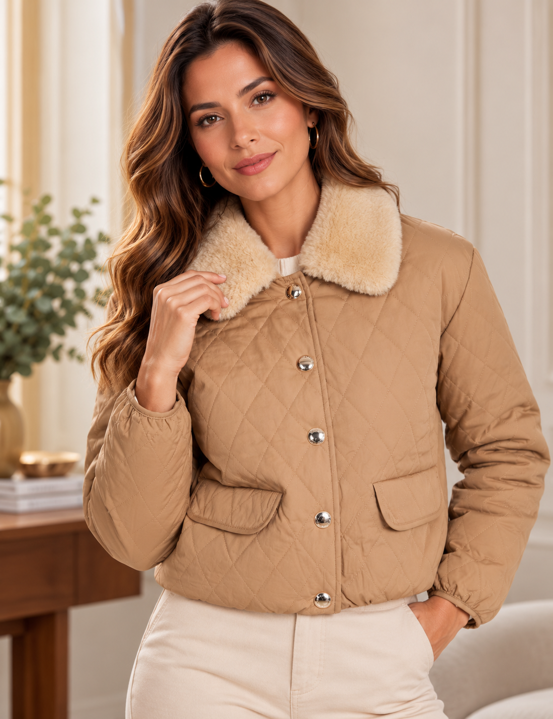 Chaqueta Morgan Vlary acolchada marrón coñac – vista frontal Modelo con chaqueta Morgan Vlary corta acolchada marrón coñac, cuello de pelo sintético crema, botones metálicos y bolsillos con solapa, combinada con pantalón claro.