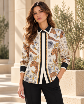 Modelo con camisa Lola Casademunt cruda estampada con leopardos, flores y cenefa vertical, combinada con pantalón negro.