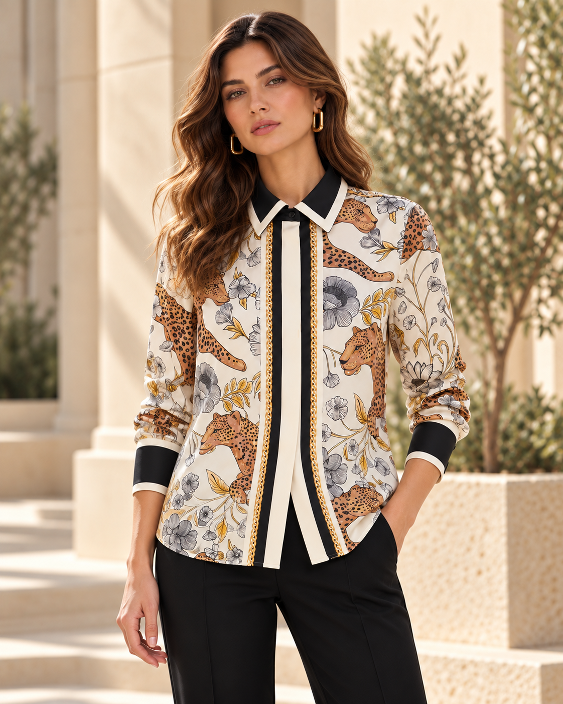 Camisa Lola Casademunt leopardo y cenefa – cuerpo entero Modelo con camisa Lola Casademunt cruda estampada con leopardos, flores y cenefa vertical, combinada con pantalón negro.
