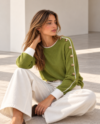 Suéter Artigli pistacho y blanco con botones dorados para mujer