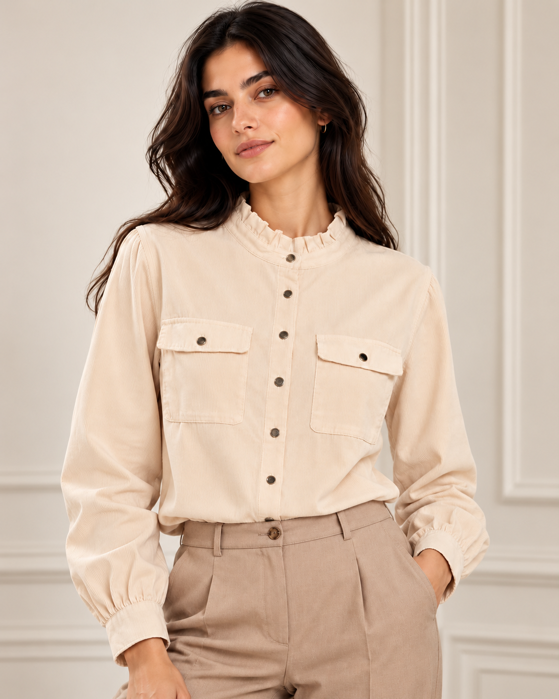 Camisa Morgan Corlac beige de pana con bolsillos – vista frontal Modelo con camisa Morgan Corlac beige de pana, cuello con volante, botones delanteros y bolsillos con solapa, combinada con pantalones de vestir en tono topo.