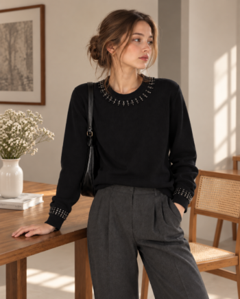 Suéter Artigli negro con strass en cuello y puños para mujer