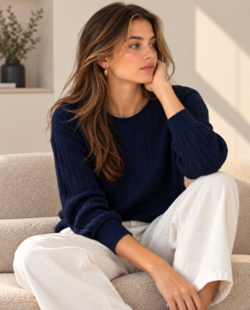 Suéter Artigli azul marino lurex con manga tableada para mujer