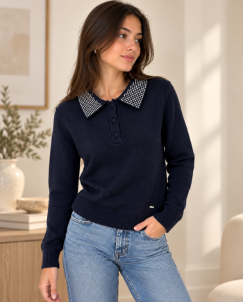 Suéter Artigli azul marino con cuello polo de strass para mujer