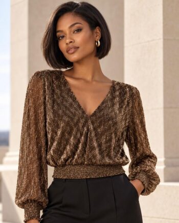 Modelo con top Morgan Tset bronce brillante de escote en V, mangas largas abullonadas y cintura fruncida, combinado con pantalón negro.