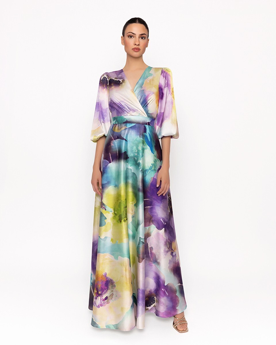 Vestido saten est. largo oliva