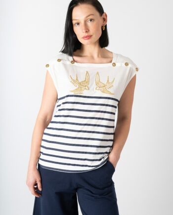 Camiseta de rayas con golondrinas para mujer