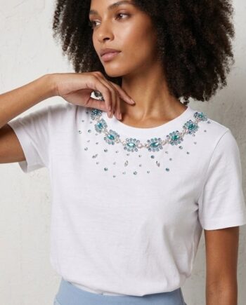 Camiseta con strass azul y cristal para mujer