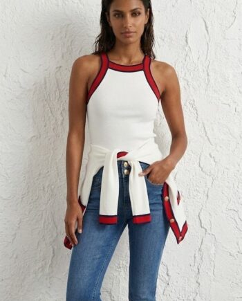 Top de punto blanco y rojo para mujer