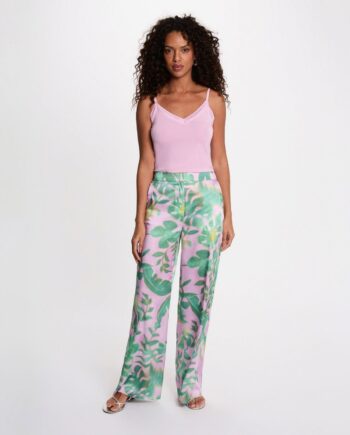 Pantalón fluido verde y malva para mujer