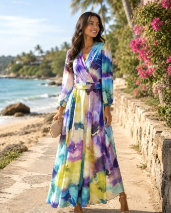 Vestido largo de satén estampado oliva para invitada