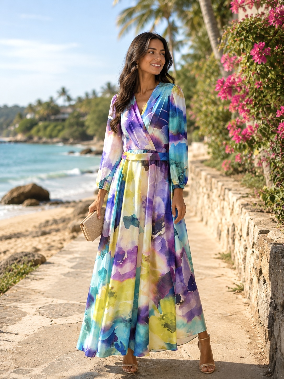 Vestido largo de satén estampado oliva para invitada