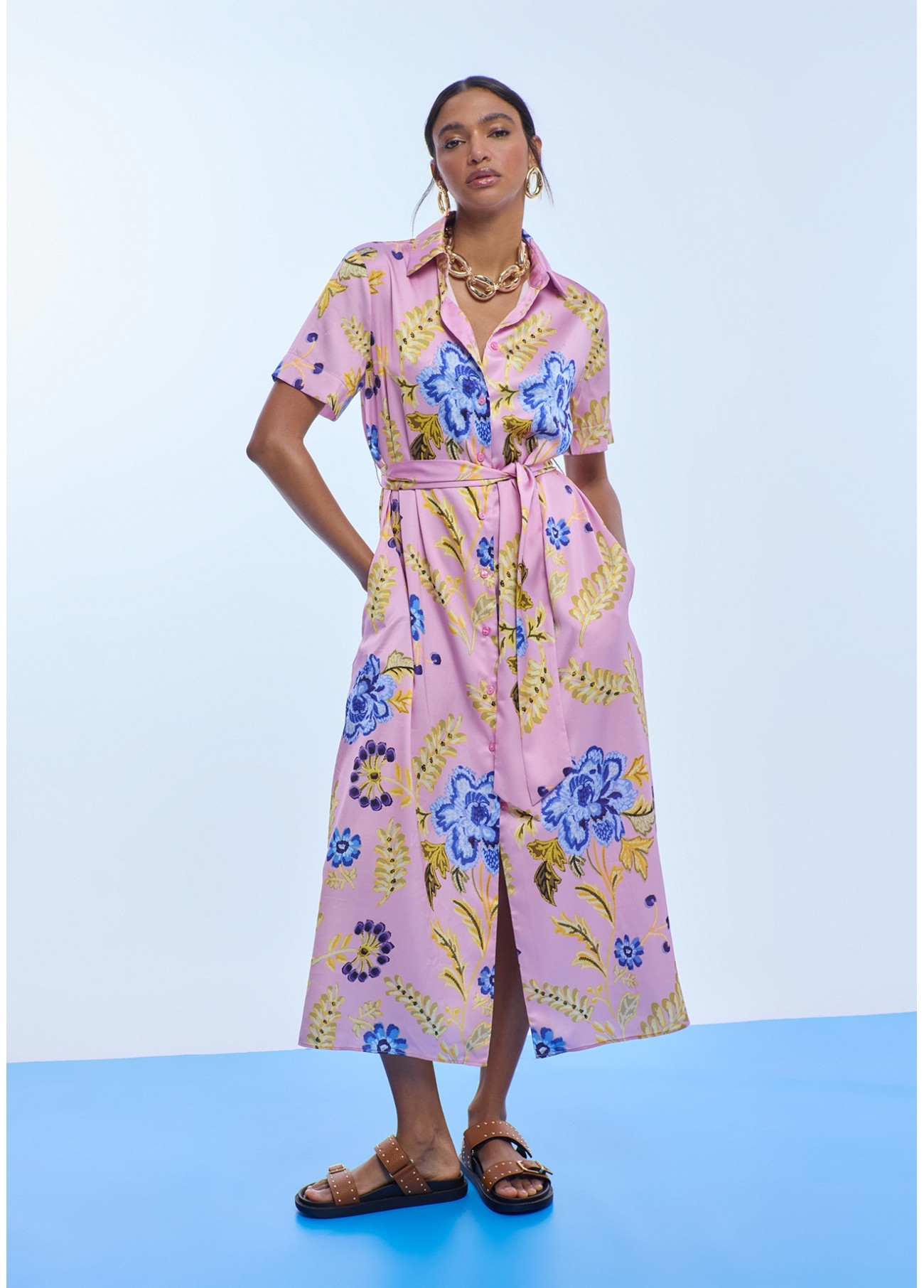 Vestido satinado camisero print flores rosa-multicolor