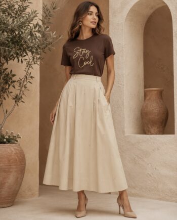Falda Morgan Kali midi beige para mujer con detalles brillantes
