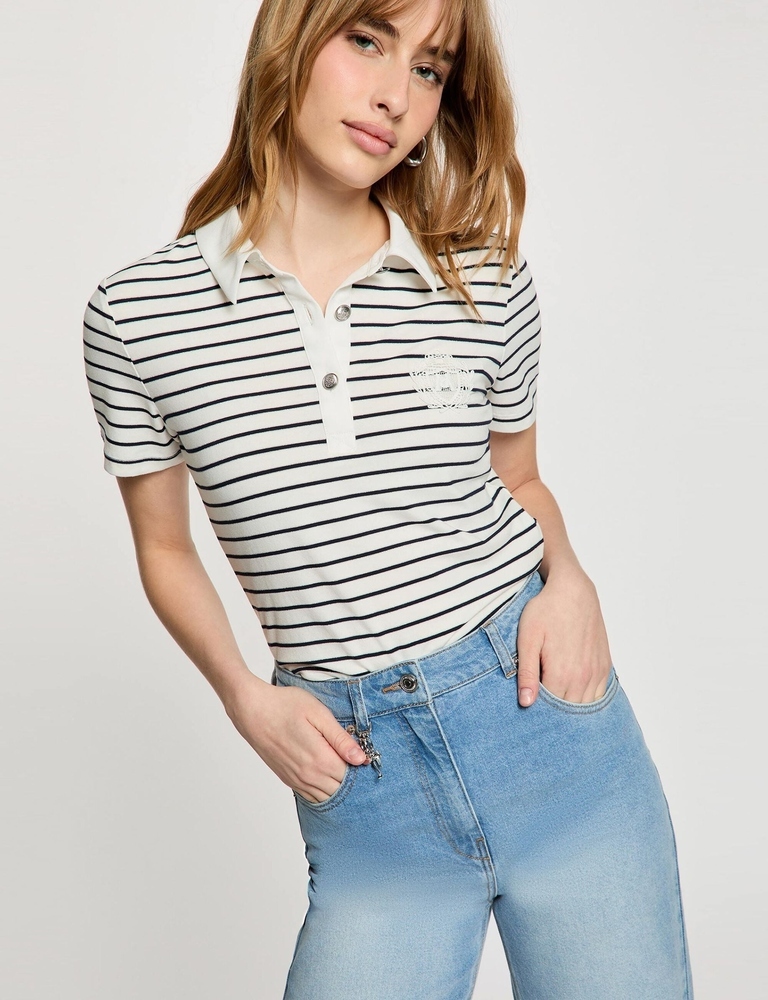 Polo camiseta Morgan rayas marino con escudo Polo camiseta Morgan de rayas marino con escudo bordado para mujer